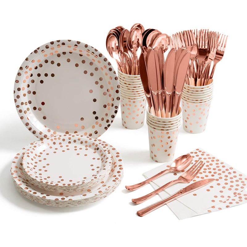 HOMIX 175 Pieces Rose Gold Party Supplies - Rose Gold Dot on White Paper Plates and Napkins Cups Silverware Serves 25 Sets for Wedding Bridal Shower Engagement Birthday Parties - Image 1