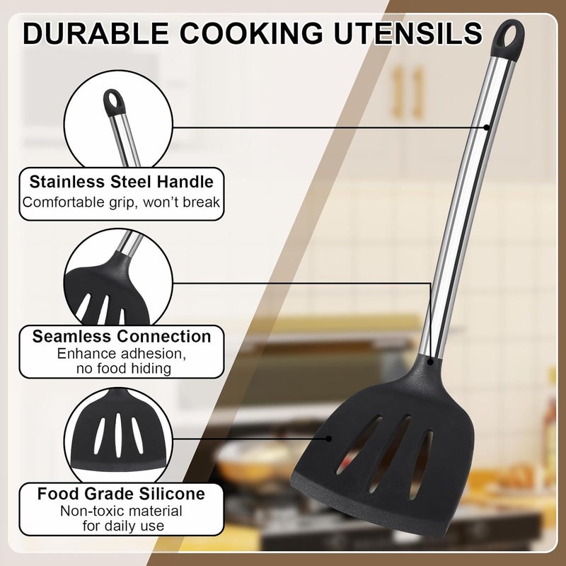Vayvnt Silicone Cooking Utensils Set, 8 PCS Kitchen Utensils Set with Stainless Steel Handle, Heat Resistant Kitchen Tools for Nonstick Cookware, Large Spatula Spoons Turner, Dishwasher Safe, Black - Image 3