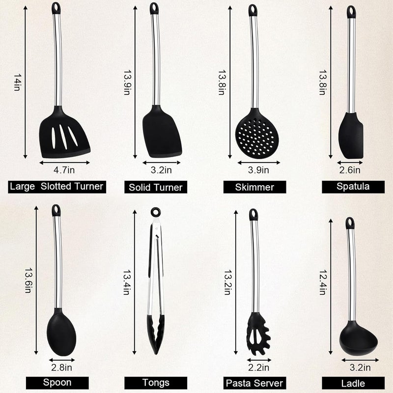 Vayvnt Silicone Cooking Utensils Set, 8 PCS Kitchen Utensils Set with Stainless Steel Handle, Heat Resistant Kitchen Tools for Nonstick Cookware, Large Spatula Spoons Turner, Dishwasher Safe, Black - Image 2