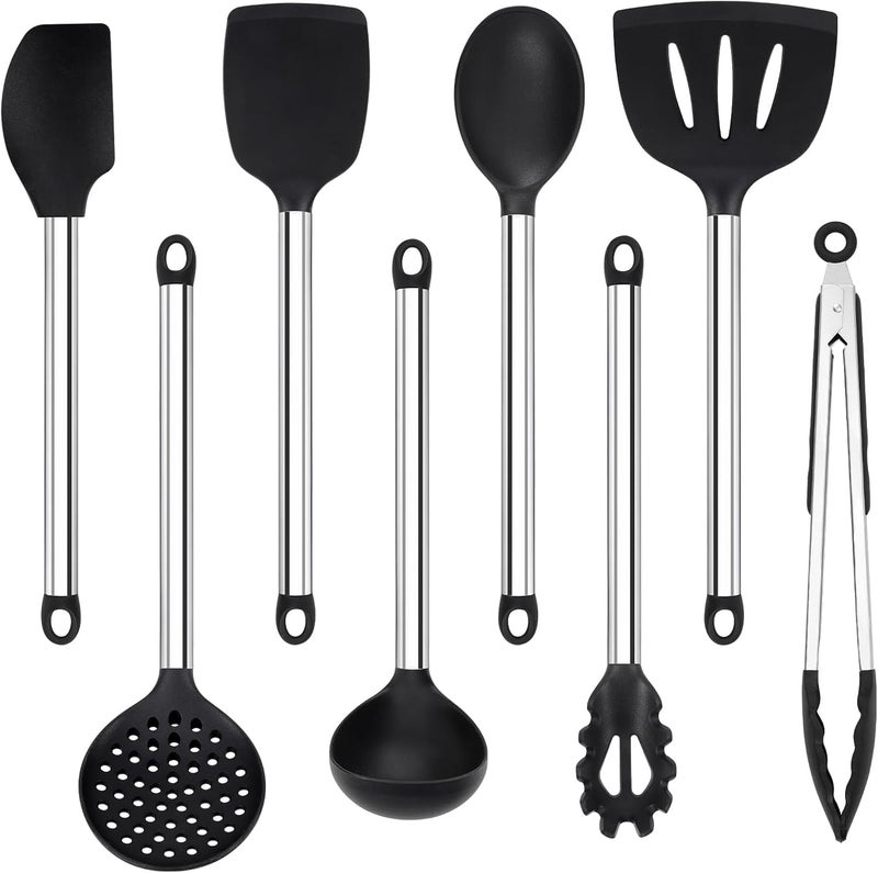 Vayvnt Silicone Cooking Utensils Set, 8 PCS Kitchen Utensils Set with Stainless Steel Handle, Heat Resistant Kitchen Tools for Nonstick Cookware, Large Spatula Spoons Turner, Dishwasher Safe, Black - Image 1