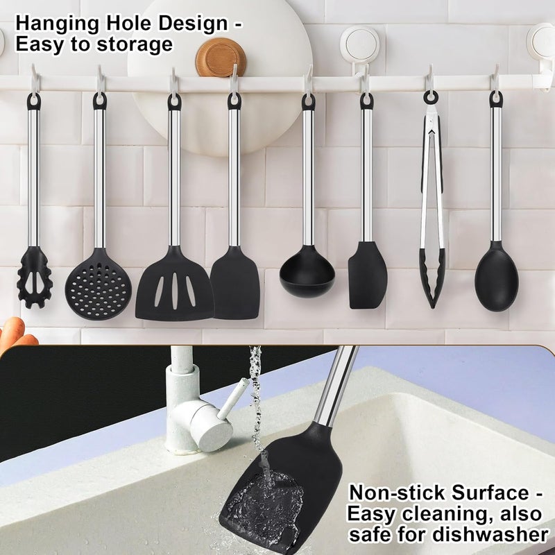 Vayvnt Silicone Cooking Utensils Set, 8 PCS Kitchen Utensils Set with Stainless Steel Handle, Heat Resistant Kitchen Tools for Nonstick Cookware, Large Spatula Spoons Turner, Dishwasher Safe, Black - Image 5