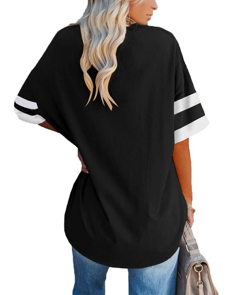 Fisoew Womens Oversized Tees Loose T Shirts Half Sleeve Crew Neck Color Block Cotton Tunic Tops Black - Image 2