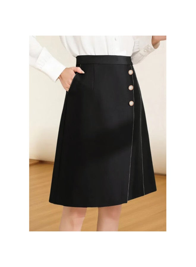 Teluoman Spring And Summer Slimming A-line Skirt For Women, Mid-length Skirt, Fashionable Versatile Commuter High-waist Pee Black Skirt 7003 - Image 1
