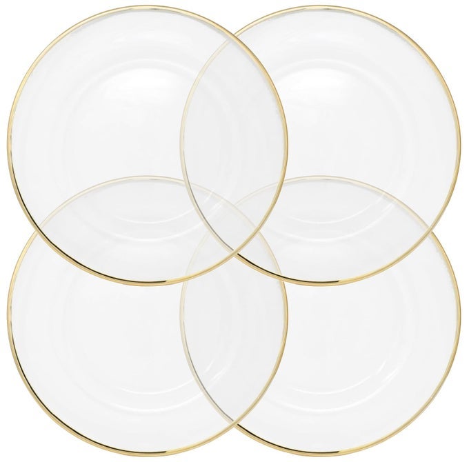 CLEAR GLASS CHARGER 13 INCH DINNER PLATE WITH 05 CM METALLIC RIM SET OF 4 GOLD