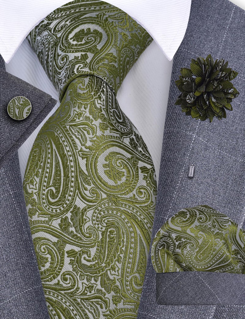 GUSLESON Olive Green Tie for Men Wedding Paisley Necktie Pocket Square Cufflinks and Lapel Pin Brooch Set (IN6103-07) - Image 2