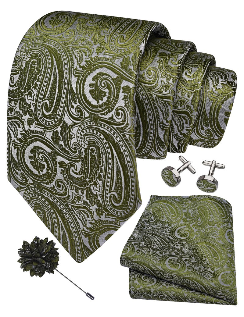 GUSLESON Olive Green Tie for Men Wedding Paisley Necktie Pocket Square Cufflinks and Lapel Pin Brooch Set (IN6103-07) - Image 1
