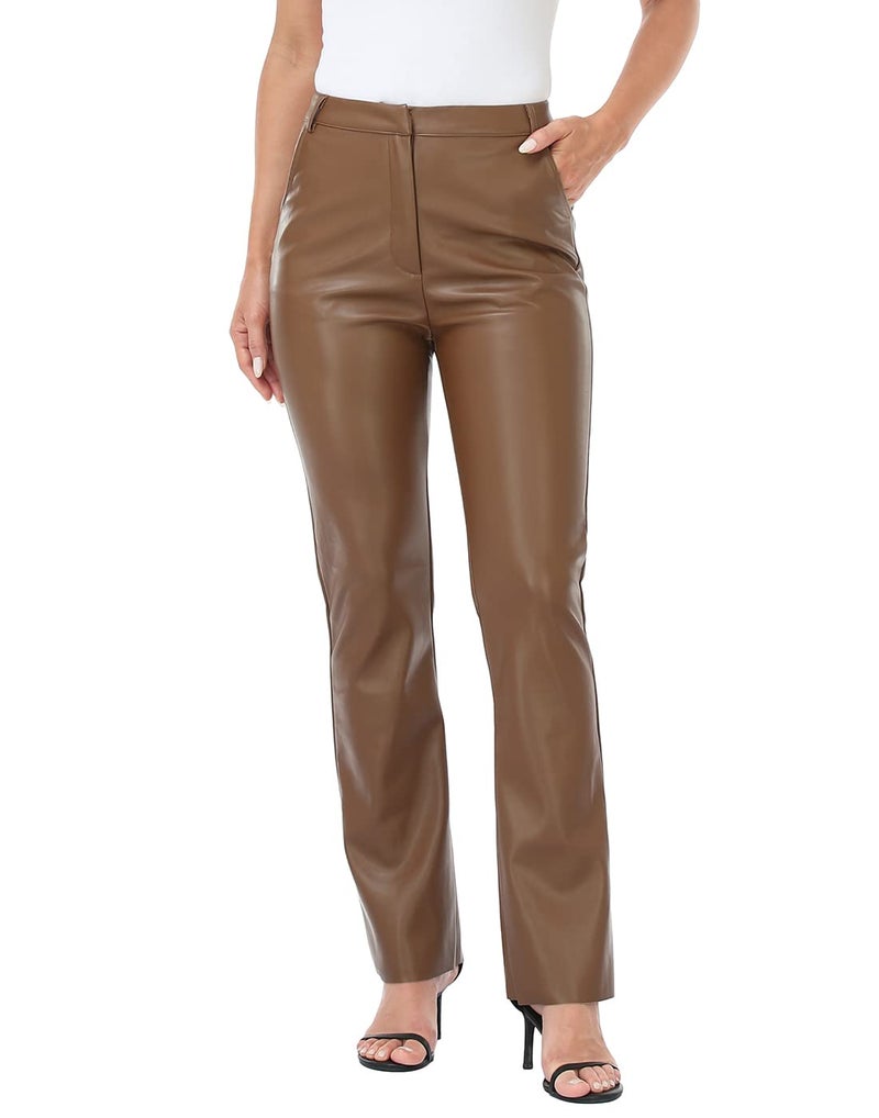 HDE Womens Faux Leather Pants High Waisted Straight Leg Trousers with Pockets Brown M