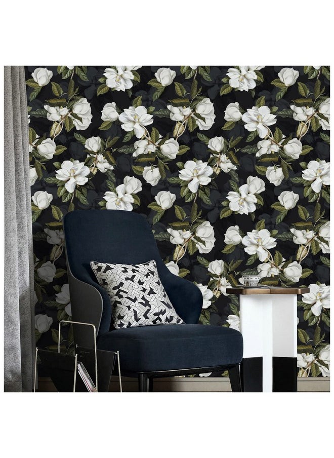 HAOKHOME 931691 Peel And Stick Gardenia Floral Wallpaper Removable Black/White/Green Vinyl Self Adhesive Mural 17.7In X 9.8Ft  - Image 2