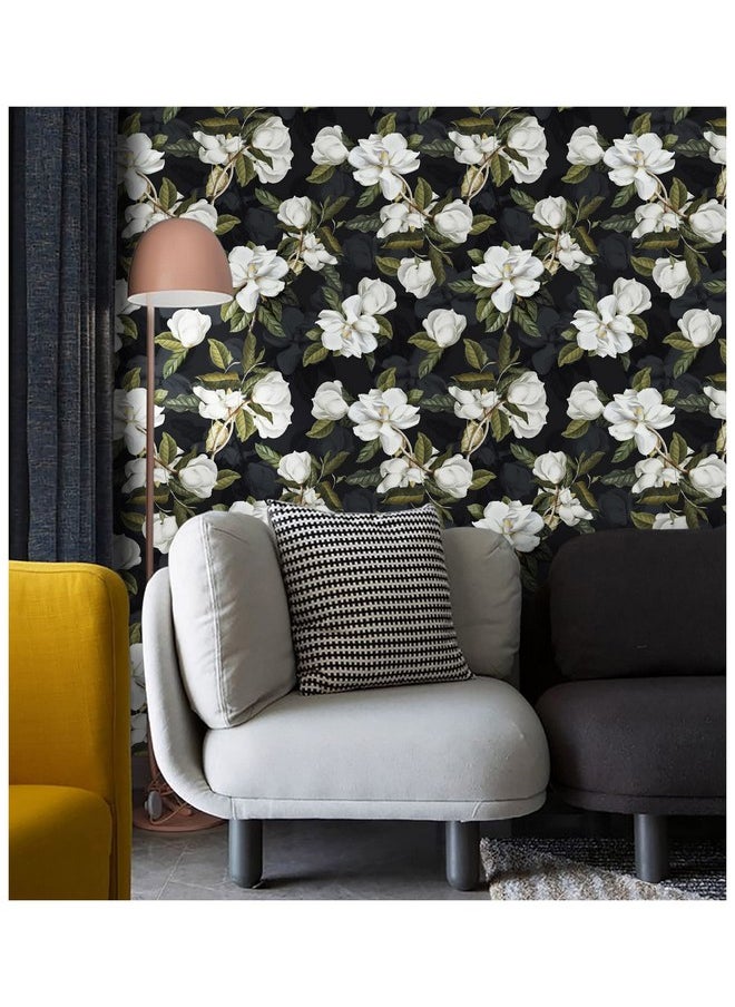HAOKHOME 931691 Peel And Stick Gardenia Floral Wallpaper Removable Black/White/Green Vinyl Self Adhesive Mural 17.7In X 9.8Ft  - Image 3