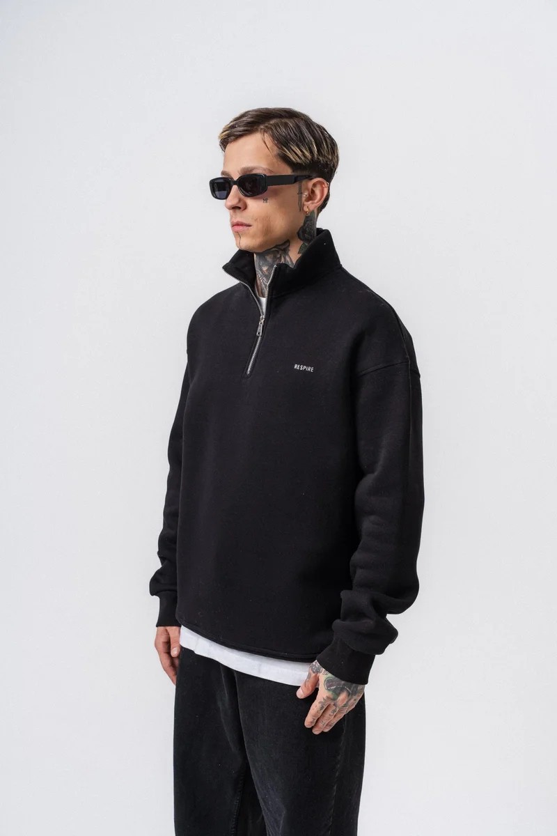 RESPIRE Men's Respire Letter Detail Basic Half-Zip Sweatshirt Black