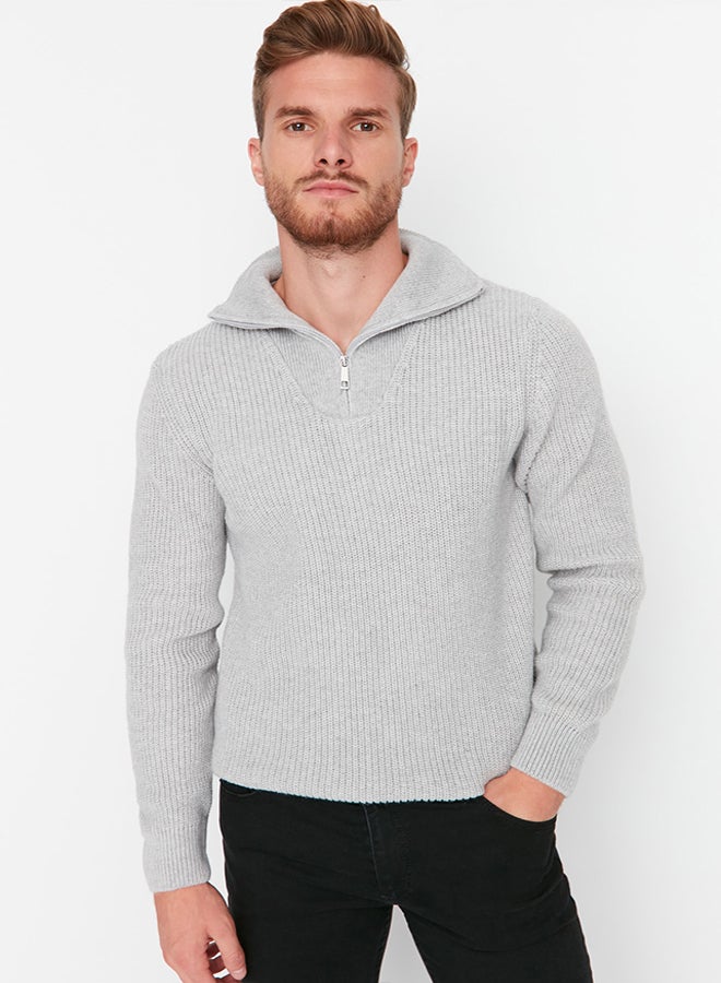 trendyol Gray Regular Fit Zippered Turtleneck Knitwear Sweater TMNAW22KZ0347 - Image 2