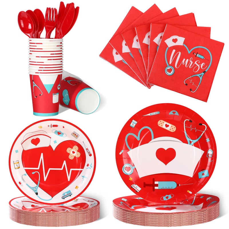 Yisong 168 Pcs Nurse Graduation Party Decorations Doctor Medical Birthday Tableware Set 24 Guests Dinner Dessert Plates Cups Napkins for Doctors Day Nursing School Office Party SuppliesRed - Image 2