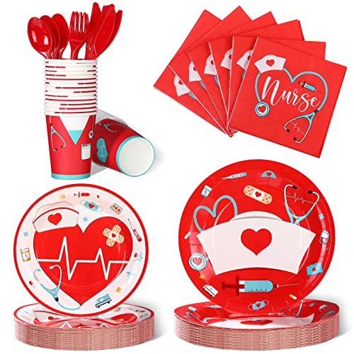 Yisong 168 Pcs Nurse Graduation Party Decorations Doctor Medical Birthday Tableware Set 24 Guests Dinner Dessert Plates Cups Napkins for Doctors Day Nursing School Office Party SuppliesRed - Image 1