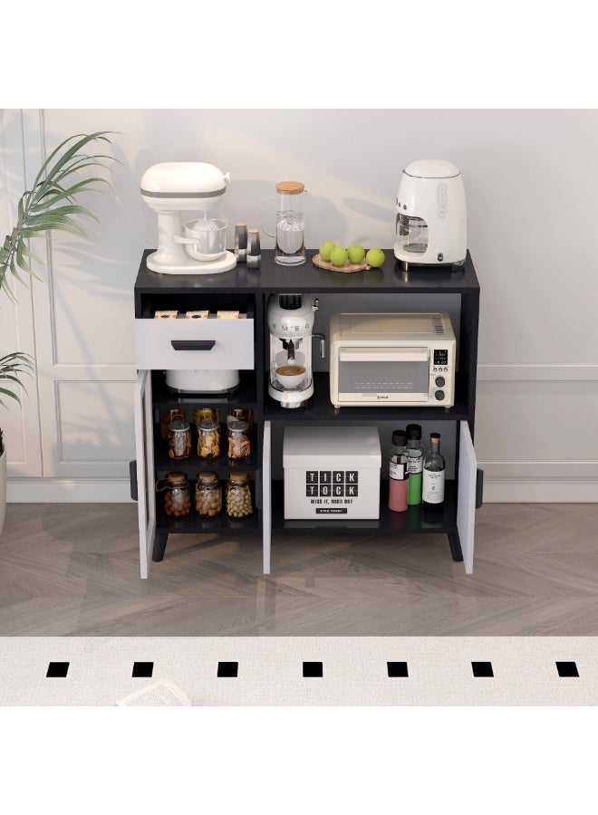 Sideboard Cabinet, Buffet Cabinet, Kitchen Storage Cabinet - Wooden Storage Cabinet with Legs, 1 Drawer & 3 Doors, Open Storage Shelves, for Living Room, Dining, Kitchen & Coffee Corner, Black with White - Image 5