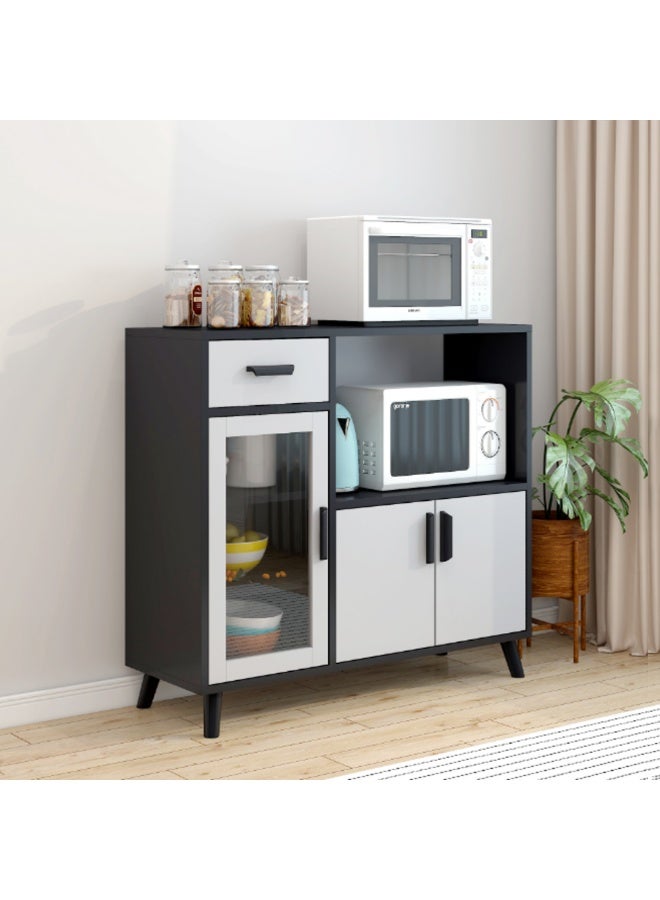 Sideboard Cabinet, Buffet Cabinet, Kitchen Storage Cabinet - Wooden Storage Cabinet with Legs, 1 Drawer & 3 Doors, Open Storage Shelves, for Living Room, Dining, Kitchen & Coffee Corner, Black with White - Image 4