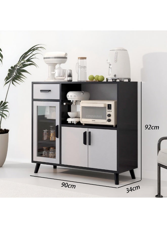 Sideboard Cabinet, Buffet Cabinet, Kitchen Storage Cabinet - Wooden Storage Cabinet with Legs, 1 Drawer & 3 Doors, Open Storage Shelves, for Living Room, Dining, Kitchen & Coffee Corner, Black with White - Image 2