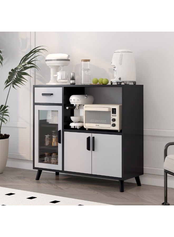 Sideboard Cabinet, Buffet Cabinet, Kitchen Storage Cabinet - Wooden Storage Cabinet with Legs, 1 Drawer & 3 Doors, Open Storage Shelves, for Living Room, Dining, Kitchen & Coffee Corner, Black with White - Image 3