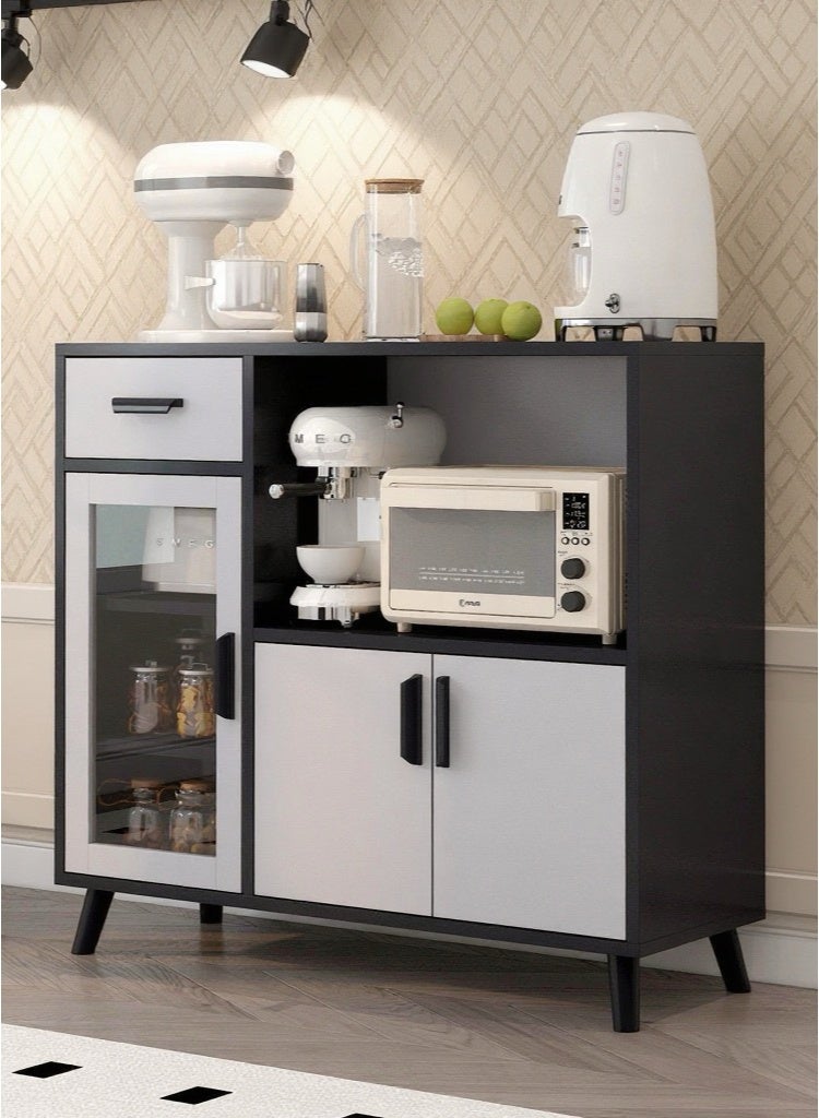 Sideboard Cabinet, Buffet Cabinet, Kitchen Storage Cabinet - Wooden Storage Cabinet with Legs, 1 Drawer & 3 Doors, Open Storage Shelves, for Living Room, Dining, Kitchen & Coffee Corner, Black with White - Image 1