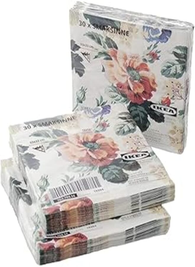 Ikea IKEA SMAKSINNE, 3-Ply Paper Napkins, Patterned/Floral, 33x33cm - Set of 90 