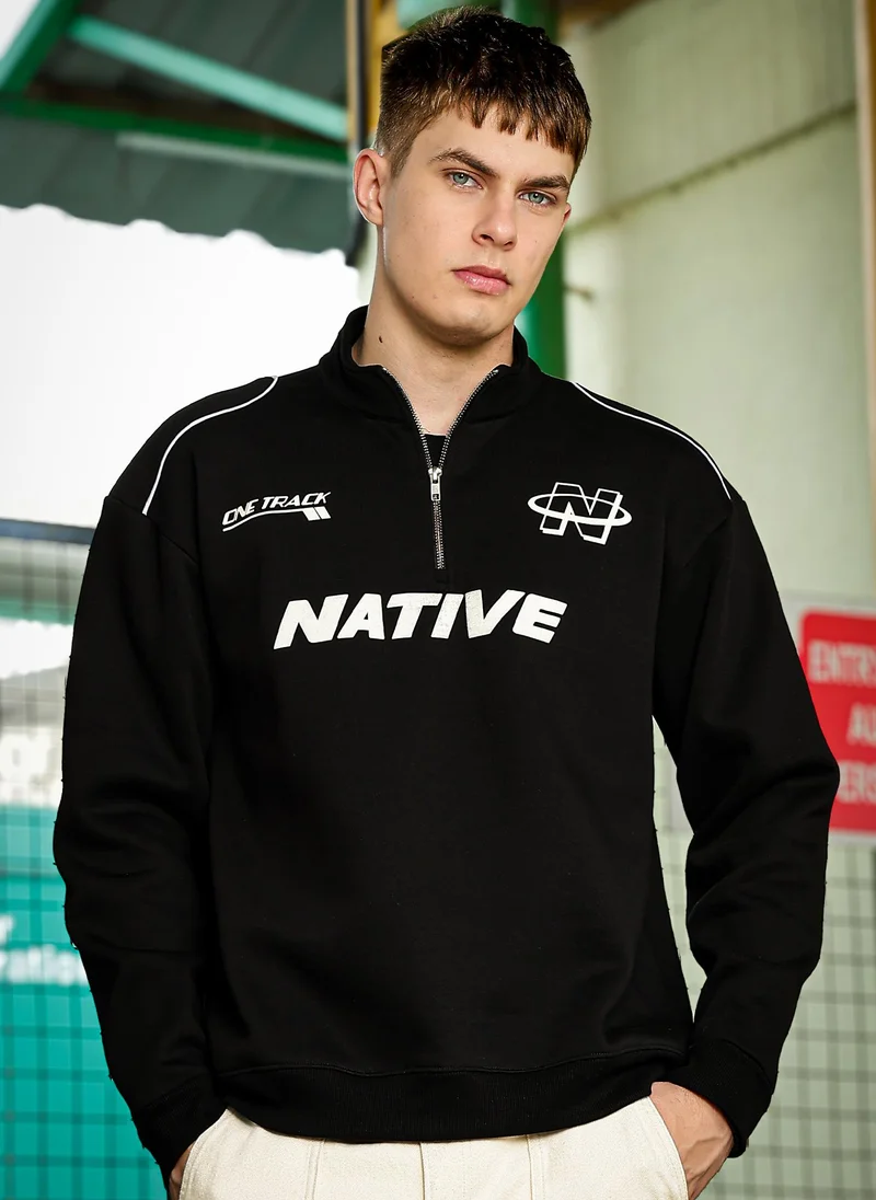 Maniac Maniac Mens Printed Full Sleeve Black Fleece High Neck Half Zipper Sweatshirt