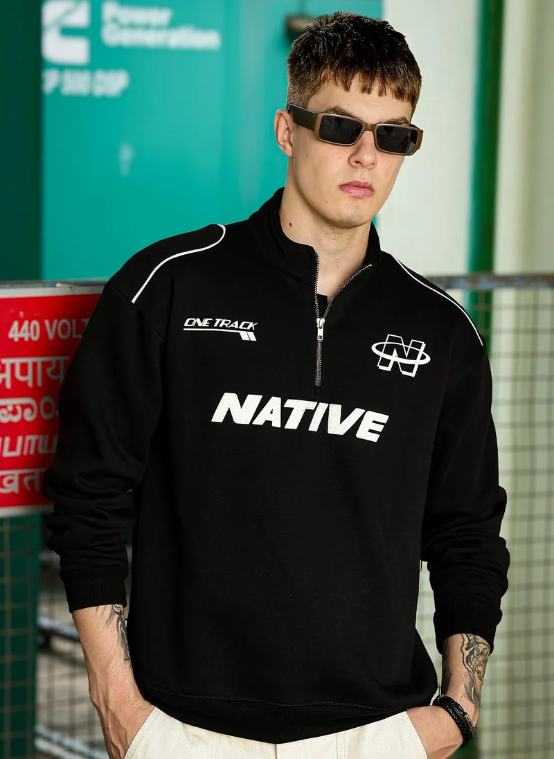 Maniac Maniac Mens Printed Full Sleeve Black Fleece High Neck Half Zipper Sweatshirt