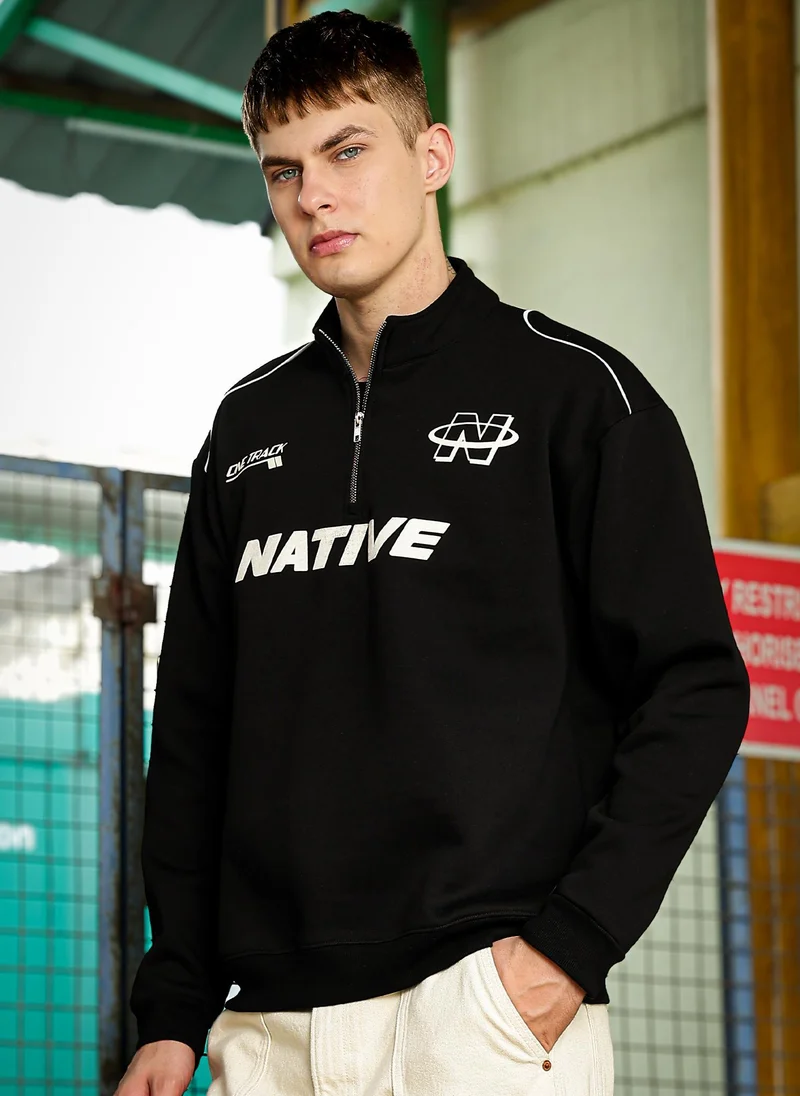 Maniac Maniac Mens Printed Full Sleeve Black Fleece High Neck Half Zipper Sweatshirt