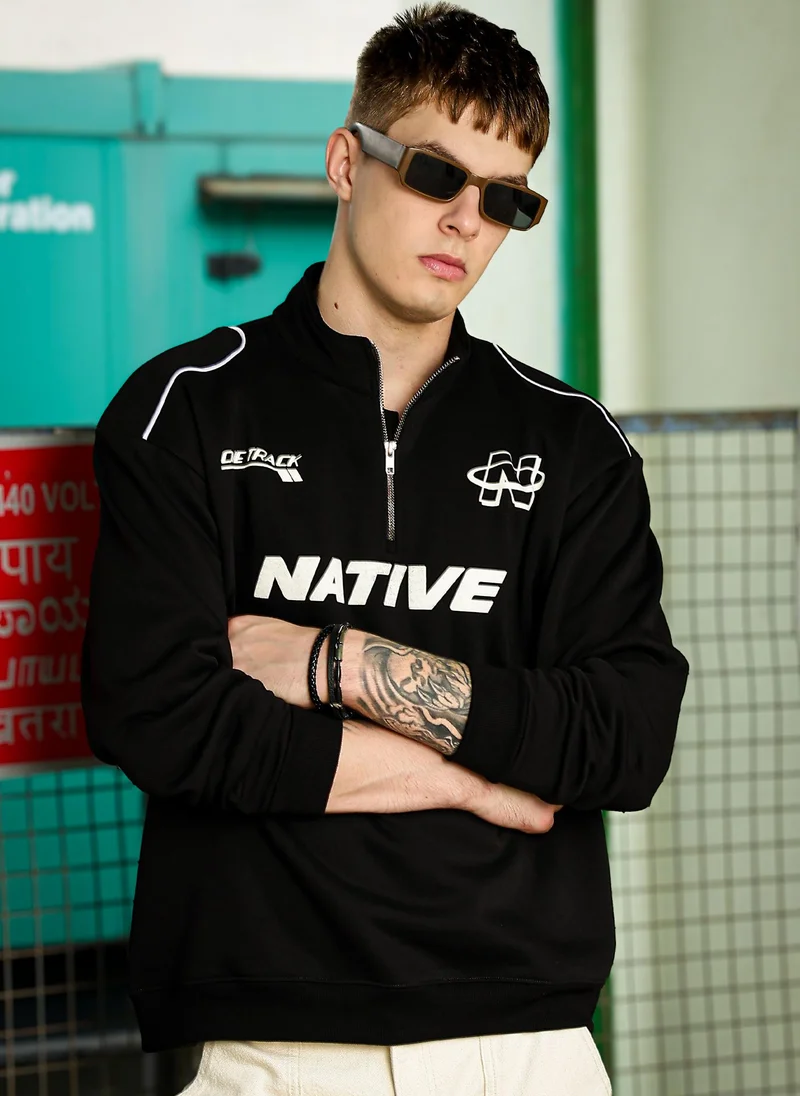 Maniac Maniac Mens Printed Full Sleeve Black Fleece High Neck Half Zipper Sweatshirt