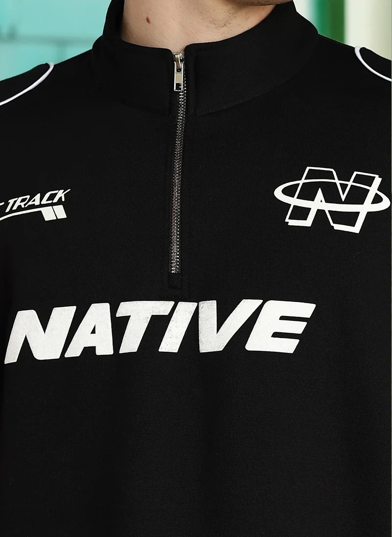 Maniac Maniac Mens Printed Full Sleeve Black Fleece High Neck Half Zipper Sweatshirt