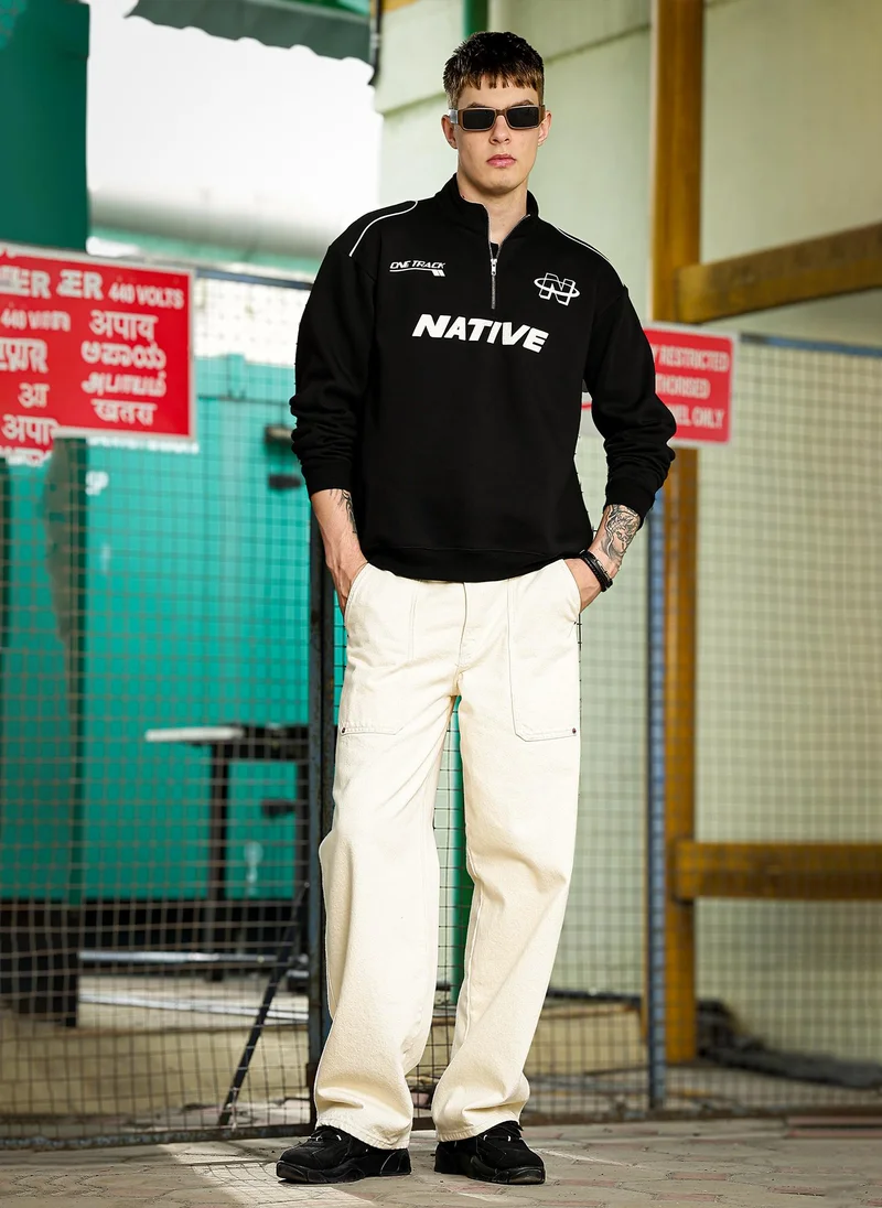 Maniac Maniac Mens Printed Full Sleeve Black Fleece High Neck Half Zipper Sweatshirt