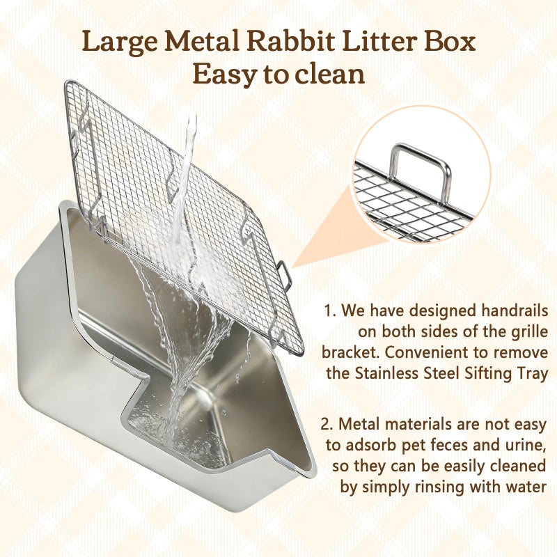 Rypet Large Rabbit Litter Box, Bunny Litter Box High Side with 304 Stainless Steel Sifting Tray, Metal Small Animal Litter Pan with Pet Food Bowl and Water Bottle, Non-Slip Easy to Clean Odor Control - Image 3