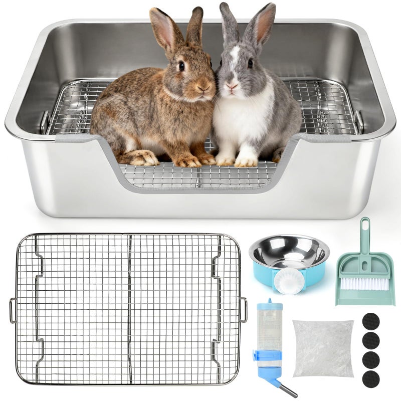 Rypet Large Rabbit Litter Box, Bunny Litter Box High Side with 304 Stainless Steel Sifting Tray, Metal Small Animal Litter Pan with Pet Food Bowl and Water Bottle, Non-Slip Easy to Clean Odor Control - Image 1