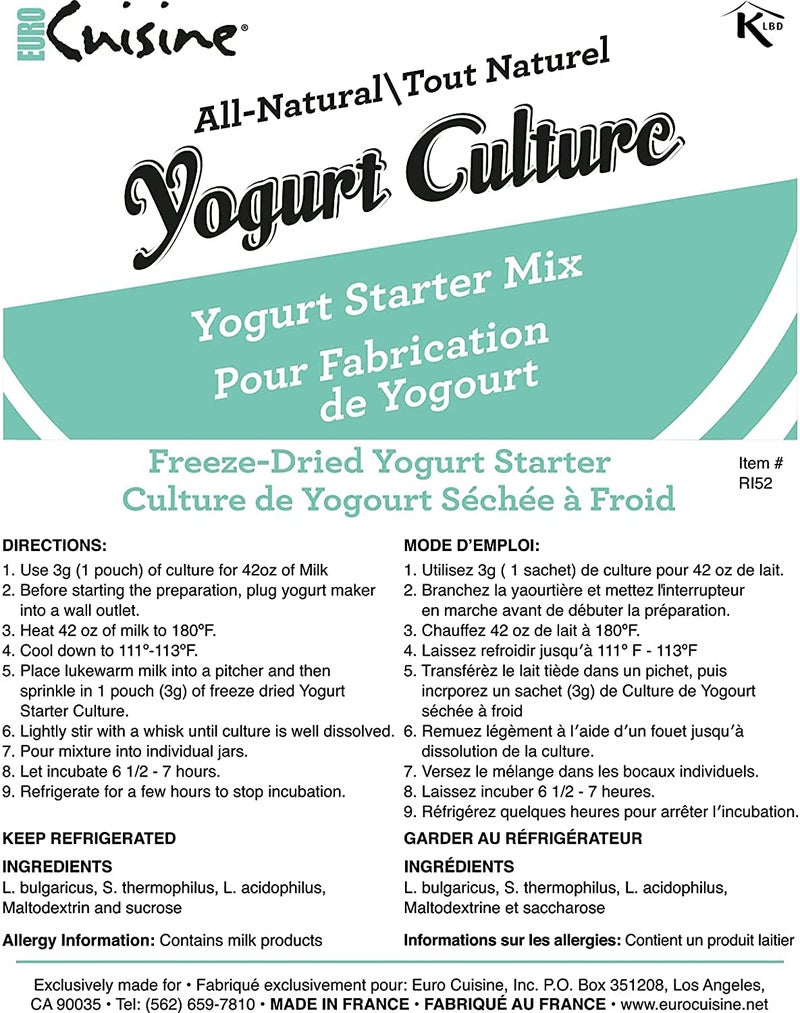 Euro Cuisine RI1020 All Natural Yogurt Culture Starter, for Dairy Free, Whole Milk, Protein Yogurt, Probiotic Yogurt Pouches for Homemade Yogurt 2pack - Image 4