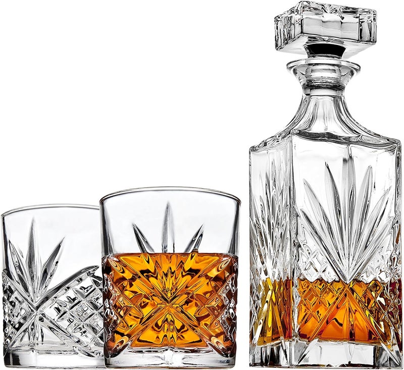 Lefonte Whiskey Decanter Set with 2 Old Fashioned Whisky Glasses for Liquor Scotch Bourbon or Wine - Irish Cut - Image 1
