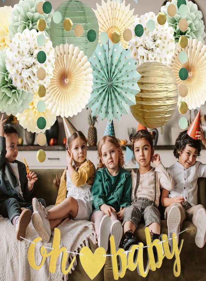 FETETIJD Sage Green Baby Shower Decorations Oh Baby Banner Tissue Paper Pom Poms Flowers Paper Fans Circle Dot Garland Neutral Party Supplies Boy Girl Gender Reveal Birthday Party Decorations - Image 4