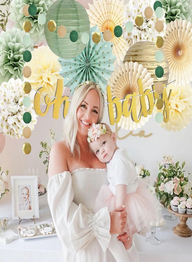 FETETIJD Sage Green Baby Shower Decorations Oh Baby Banner Tissue Paper Pom Poms Flowers Paper Fans Circle Dot Garland Neutral Party Supplies Boy Girl Gender Reveal Birthday Party Decorations - Image 2