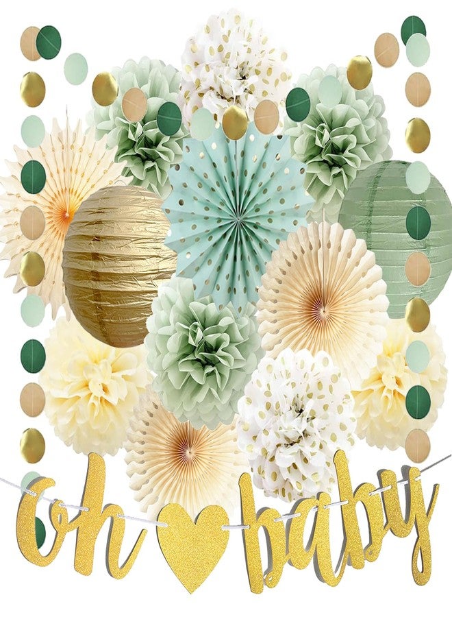 FETETIJD Sage Green Baby Shower Decorations Oh Baby Banner Tissue Paper Pom Poms Flowers Paper Fans Circle Dot Garland Neutral Party Supplies Boy Girl Gender Reveal Birthday Party Decorations - Image 1