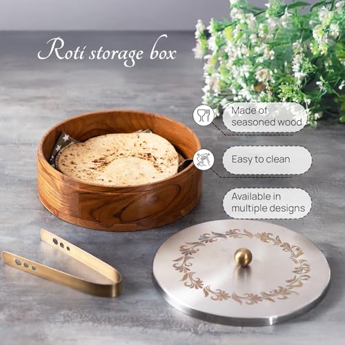 nestroots Casserole for roti|hot Box for Kitchen Wooden chapati Box for Kitchen hot Pot roti Box with Tong (9 inch Dia, Silver Lazer) - Image 4