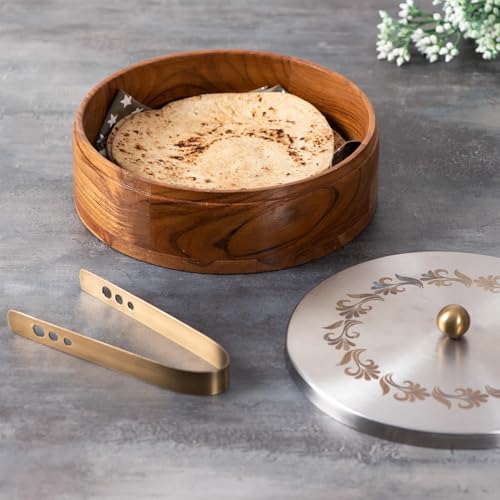 nestroots Casserole for roti|hot Box for Kitchen Wooden chapati Box for Kitchen hot Pot roti Box with Tong (9 inch Dia, Silver Lazer) - Image 1