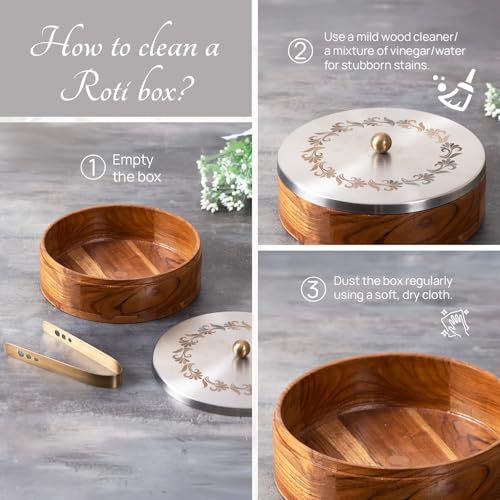 nestroots Casserole for roti|hot Box for Kitchen Wooden chapati Box for Kitchen hot Pot roti Box with Tong (9 inch Dia, Silver Lazer) - Image 3
