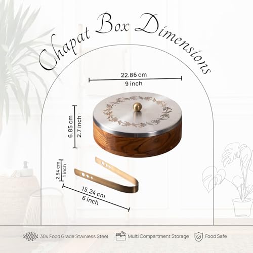 nestroots Casserole for roti|hot Box for Kitchen Wooden chapati Box for Kitchen hot Pot roti Box with Tong (9 inch Dia, Silver Lazer) - Image 2