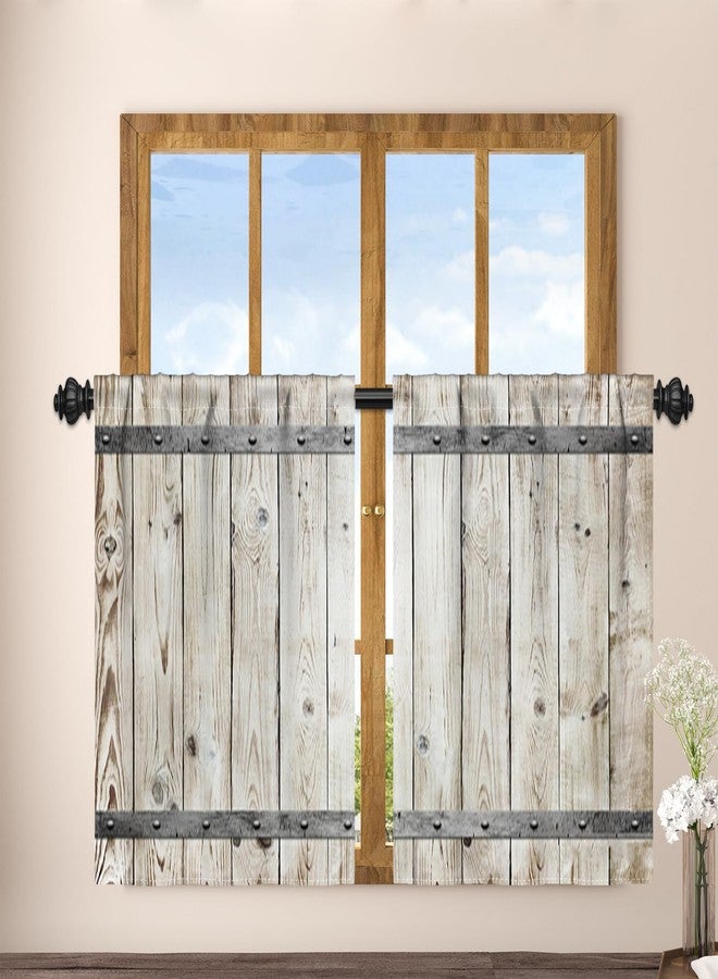Renaiss 26 x 36 Inch Rustic Wooden Barn Door Kitchen Window Curtains Over Sink Vintage Wood Farmhouse Half Window Curtain Cafe Dining Room Tier Curtains Rod Pocket Window Drapes Linen Fabric 2 Panels - Image 1