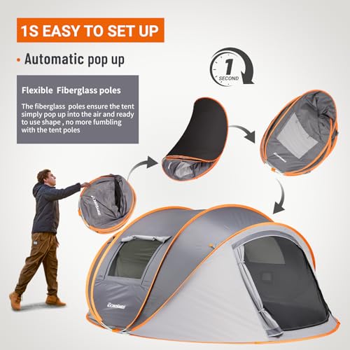 EchoSmile Instant Pop Up Camping Tent, 4 Person Easy Setup Tent, Water Resistant Dome, Portable with Carry Bag(Gray & Orange,4 Person) - Image 5