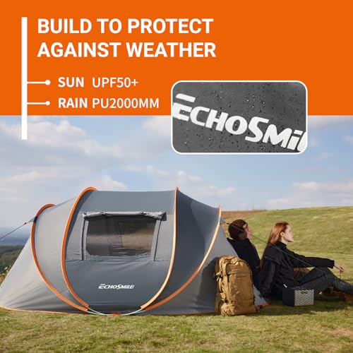 EchoSmile Instant Pop Up Camping Tent, 4 Person Easy Setup Tent, Water Resistant Dome, Portable with Carry Bag(Gray & Orange,4 Person) - Image 3
