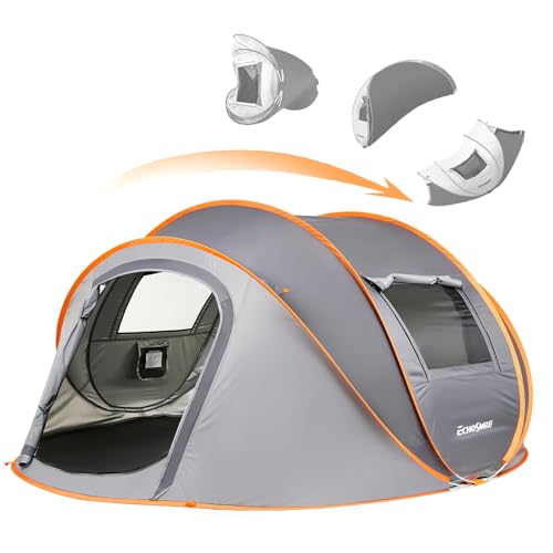 EchoSmile Instant Pop Up Camping Tent, 4 Person Easy Setup Tent, Water Resistant Dome, Portable with Carry Bag(Gray & Orange,4 Person) - Image 1