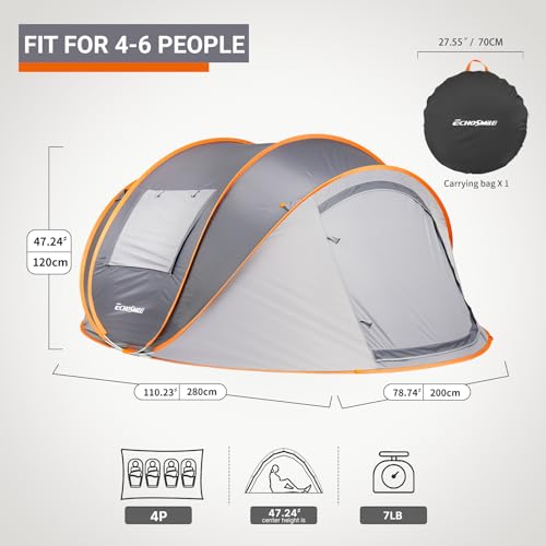 EchoSmile Instant Pop Up Camping Tent, 4 Person Easy Setup Tent, Water Resistant Dome, Portable with Carry Bag(Gray & Orange,4 Person) - Image 2