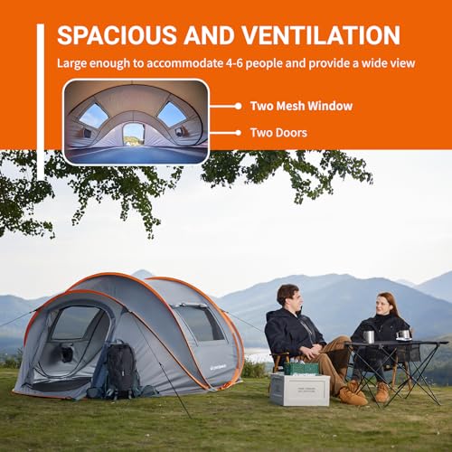 EchoSmile Instant Pop Up Camping Tent, 4 Person Easy Setup Tent, Water Resistant Dome, Portable with Carry Bag(Gray & Orange,4 Person) - Image 4