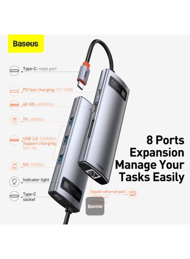 بيسوس محطة إرساء وموزع USB-C متعدد الوظائف 8 في 1 من سلسلة بيسوس ميتال غليم، رمادي - Image 5