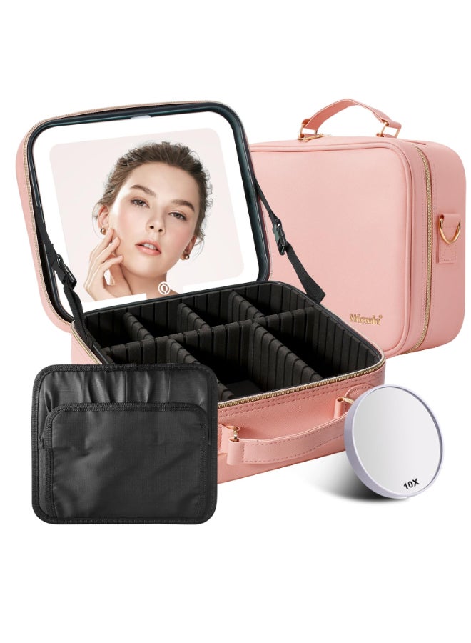 Mocado Travel Makeup Bag with LED Lighted Mirror Travel Makeup Organizer Makeup Case with 3 Color Lighted Setting and 10x Magnifying Mirror Portable Storage and Adjustable Dividers Makeup BoxPink - Image 2
