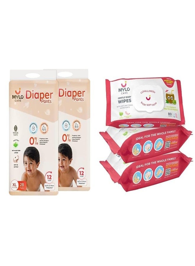 Mylo Care Disposable Diaper Pants & Baby Wipes Combo|Organic Coconut Oil & Neem|12 Hours Leak Protection|Chemical Free|Baby Essentials (Diaper (XL)-56 Count, Wipes with lid Pack of 3 - Image 1