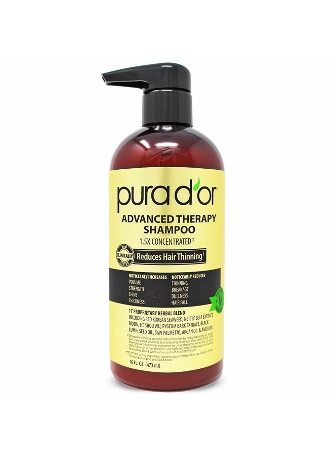 Pura d'or Advanced Therapy Shampoo (16oz) Reduces Hair Thinning & Increases Volume, No Sulfate, Biotin Shampoo Infused with Argan Oil, Aloe Vera for All Hair Types, Men & Women (Packaging May Vary) - Image 1